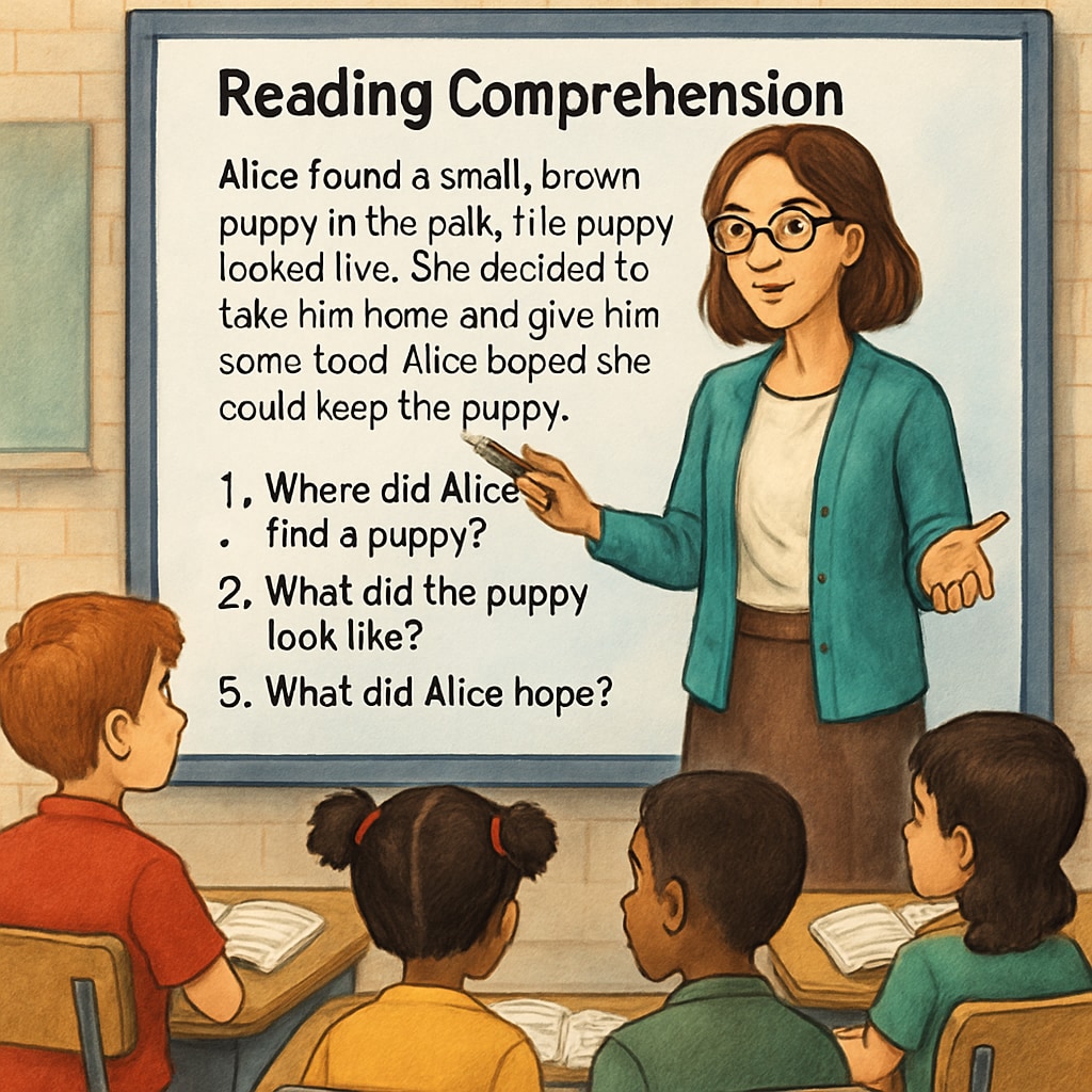 A teacher using a digital whiteboard to guide students through a reading comprehension exercise. Teacher conducting an interactive reading lesson with fifth-grade students, demonstrating ELA optimization.