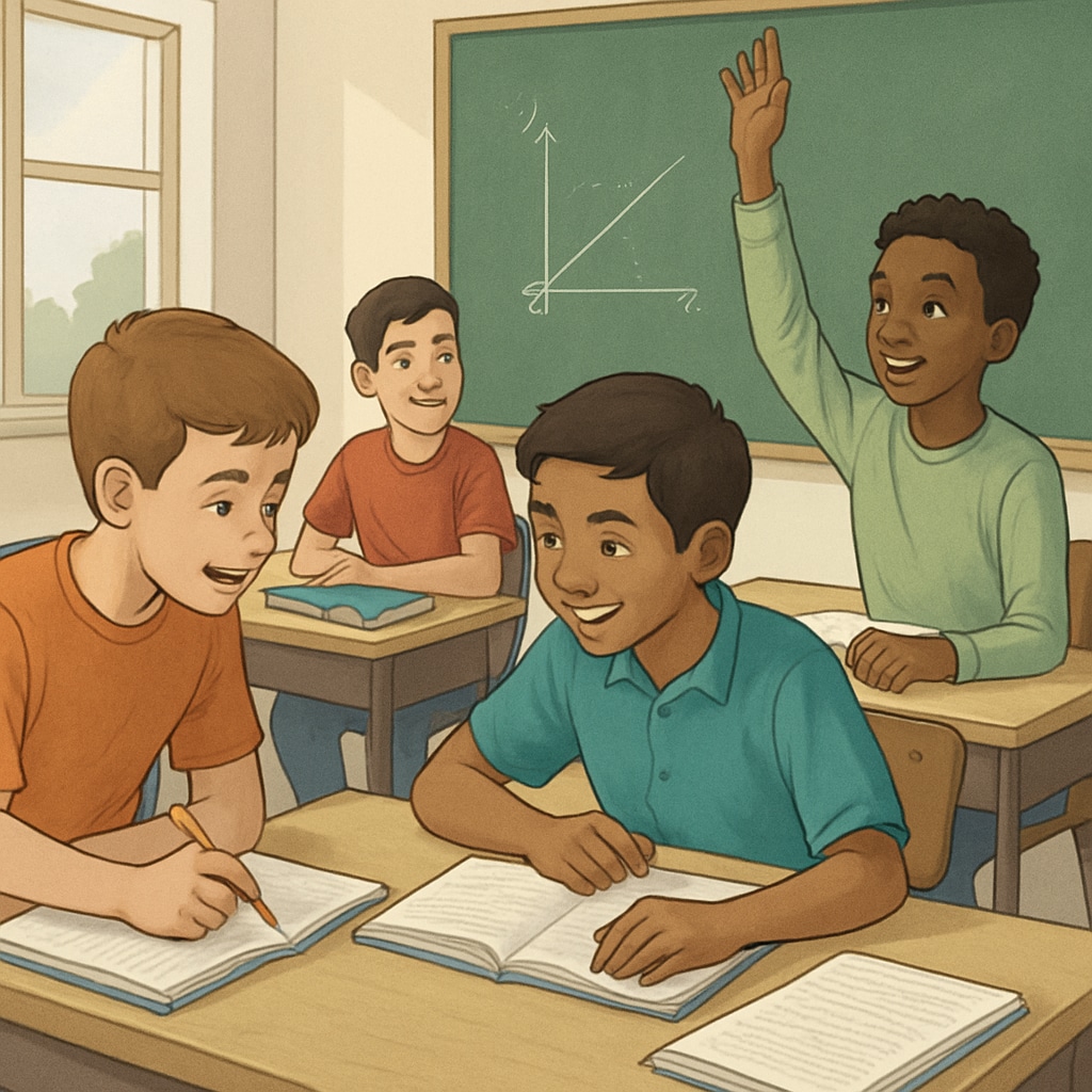 A school classroom with seventh-grade boys actively engaging in group learning activities, highlighting the importance of academic motivation. Seventh-grade boys actively participating in classroom learning activities.