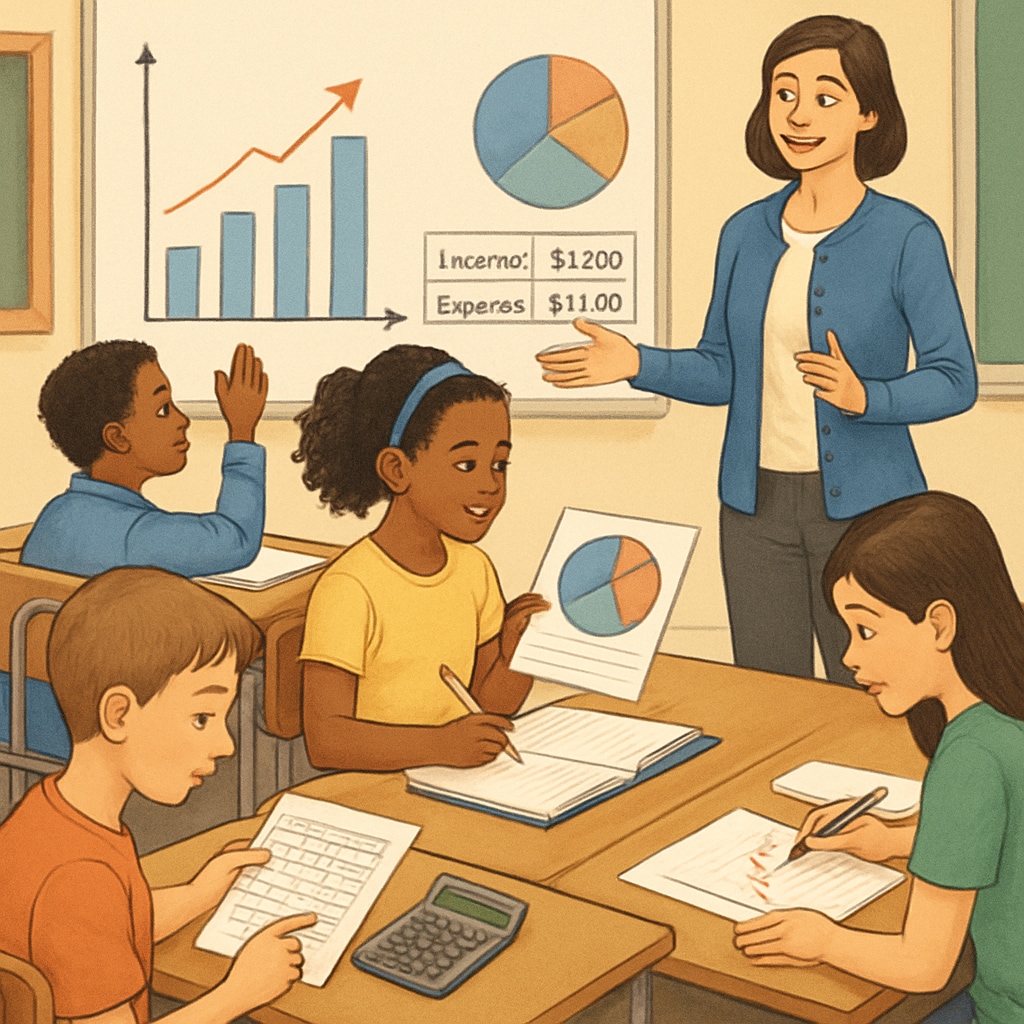 A classroom setting where students are engaged in financial literacy activities, such as analyzing charts or working on budgeting exercises. Financial literacy activity in a classroom, students analyzing charts.