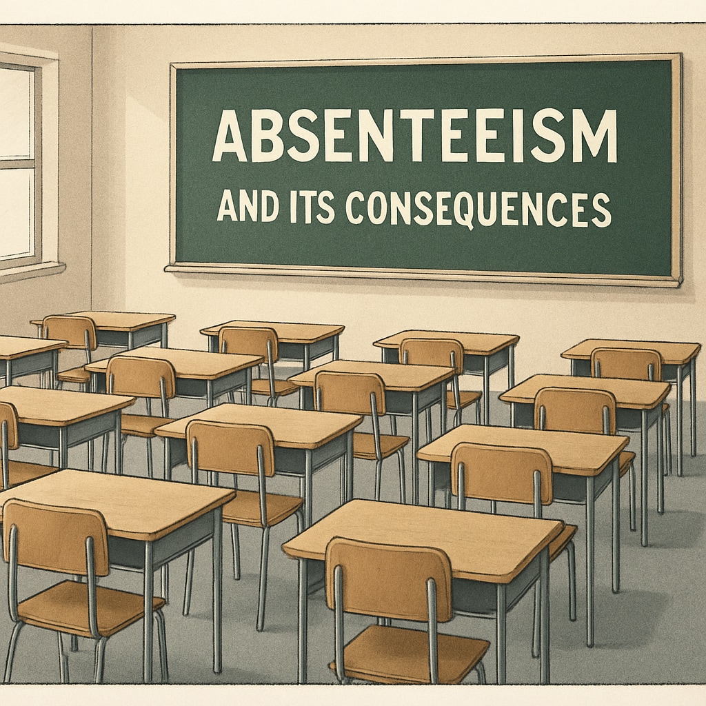 A classroom with empty desks symbolizing absenteeism and its consequences Empty classroom desks representing absenteeism and the impact of strict attendance policies