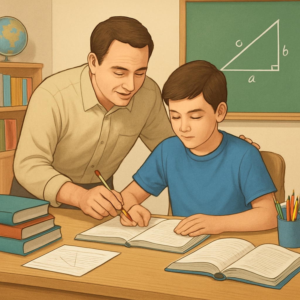 A parent helping their seventh-grade son with homework at a desk, illustrating family involvement in education. Parent assisting a seventh-grade boy with his homework at home.