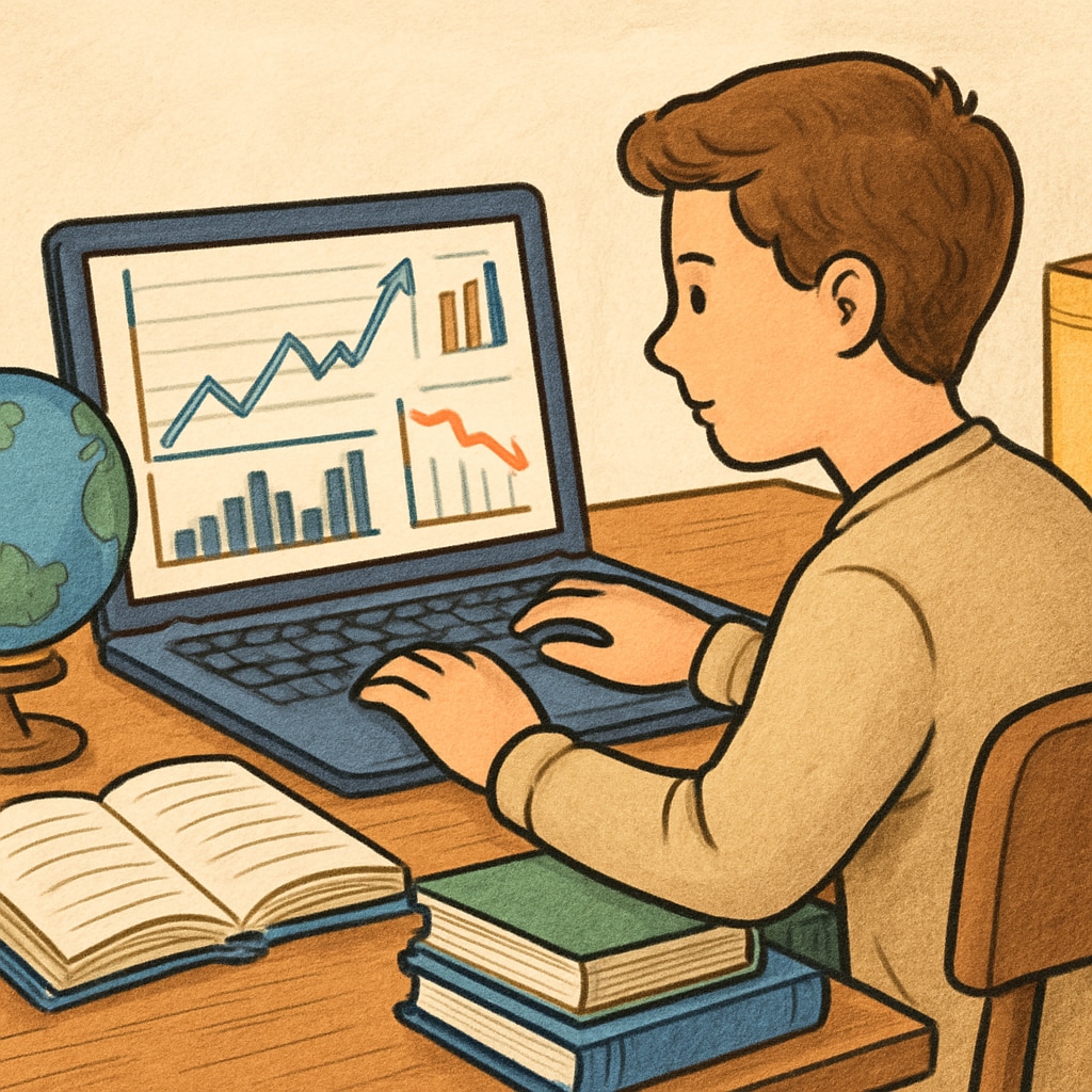 A student working on a laptop analyzing financial graphs and charts, symbolizing the integration of technology into education. Student analyzing financial data on a laptop for business analysis education.