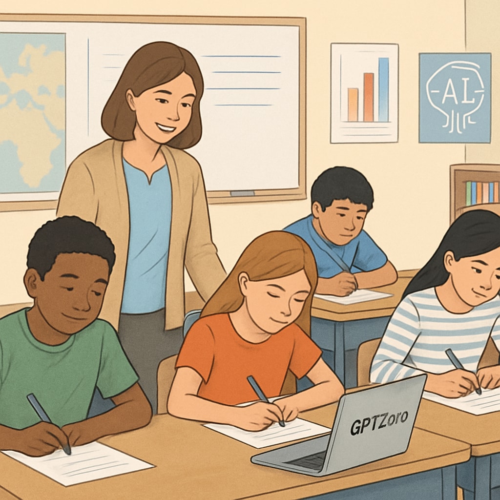 A classroom setting where students are actively engaged in writing assignments, illustrating the practical application of GPTZero in K12 education. Students working on writing tasks in a classroom equipped with GPTZero technology.
