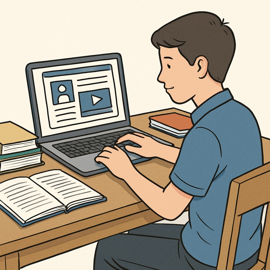 A high school student using an online learning platform on a laptop at a home desk. The image shows a focused student surrounded by books and notes, emphasizing independent learning. High school student using an online educational resource