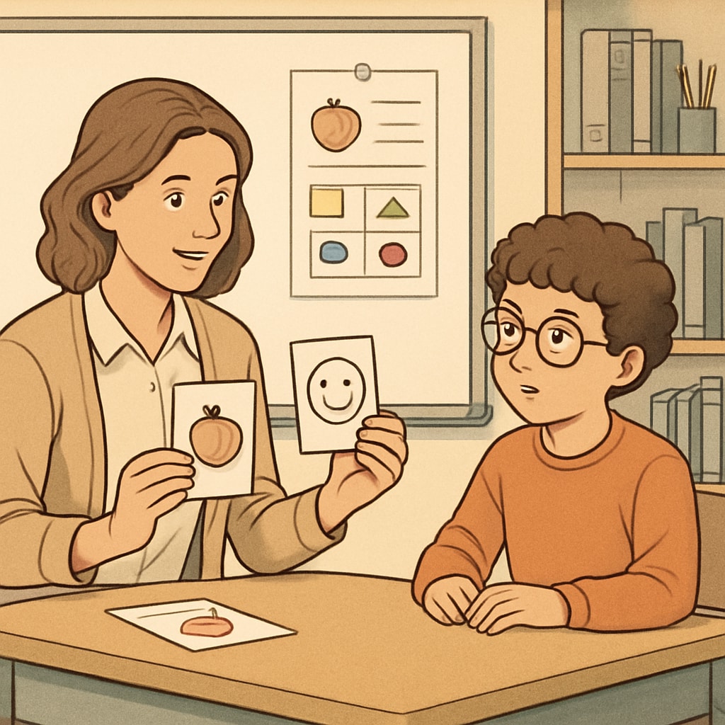 A classroom where a teaching assistant is engaging with a student on the autism spectrum, using visual aids like flashcards and charts. Autism spectrum student with teaching assistant using visual aids in a classroom setting.