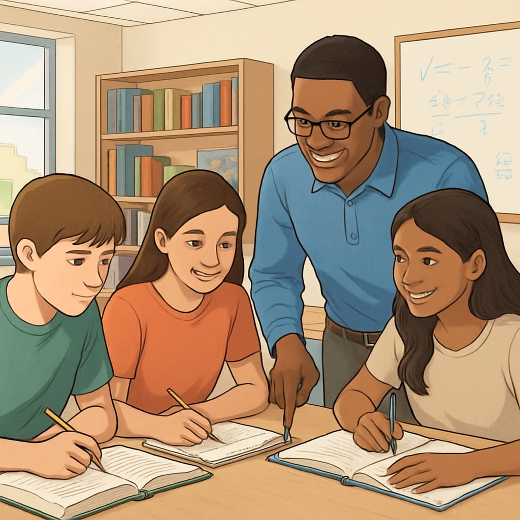 A group of high school students participating in a community tutoring session. The image features students collaborating, with a mentor assisting them in a group setting. High school students engaged in a community-based learning program