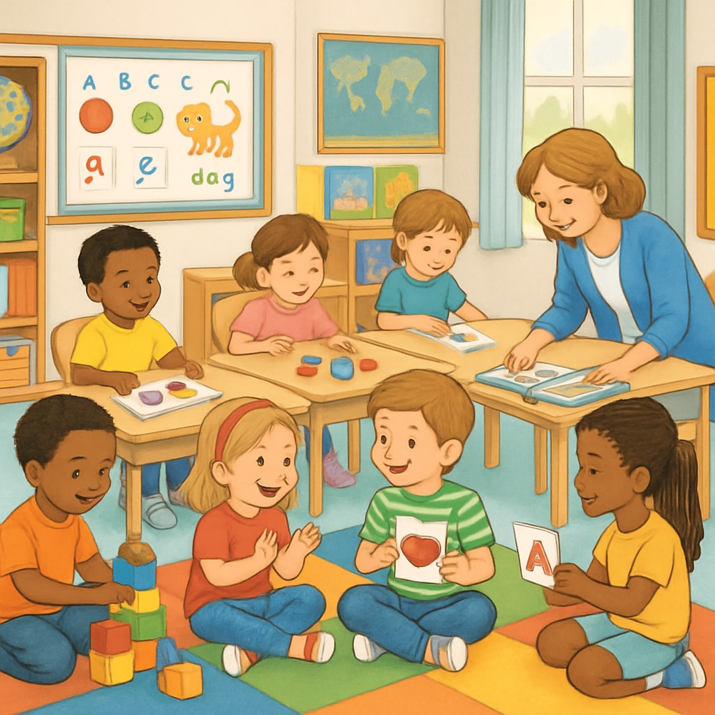 An elementary school classroom with young children engaged in playful learning activities, emphasizing the importance of maintaining a stress-free environment in early education. Elementary school classroom illustrating the benefits of stress-free learning for young students.