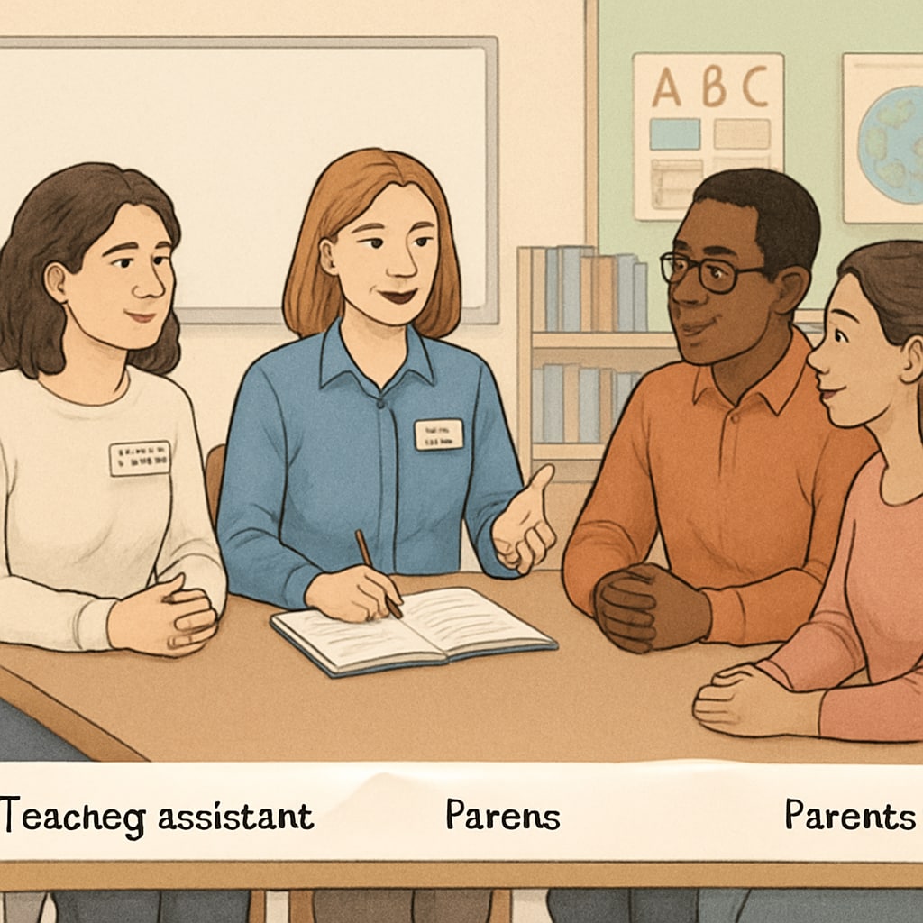 A collaborative meeting featuring a teaching assistant, lead teacher, and parents discussing special education strategies for a student on the autism spectrum. Special education planning session with teaching assistant, teacher, and parents.