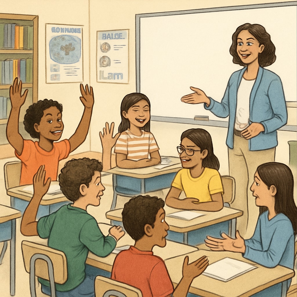 An American classroom with diverse students participating in interactive discussions, illustrating the inclusive and holistic approach of the US education system. American classroom highlighting holistic education values