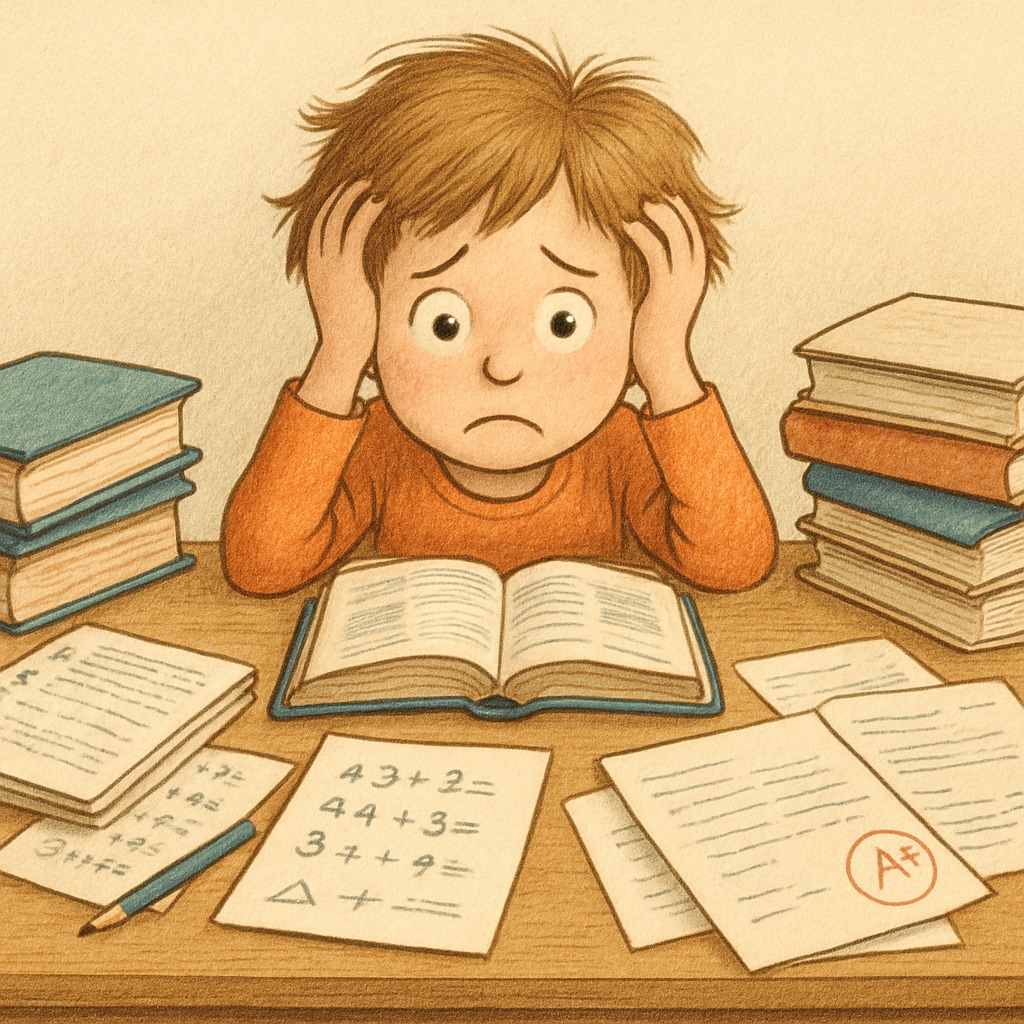 A stressed young child sitting at a desk filled with books and assignments, symbolizing the growing burden of academic pressure on first-grade students. A young child overwhelmed by books and assignments, representing academic stress in early education.