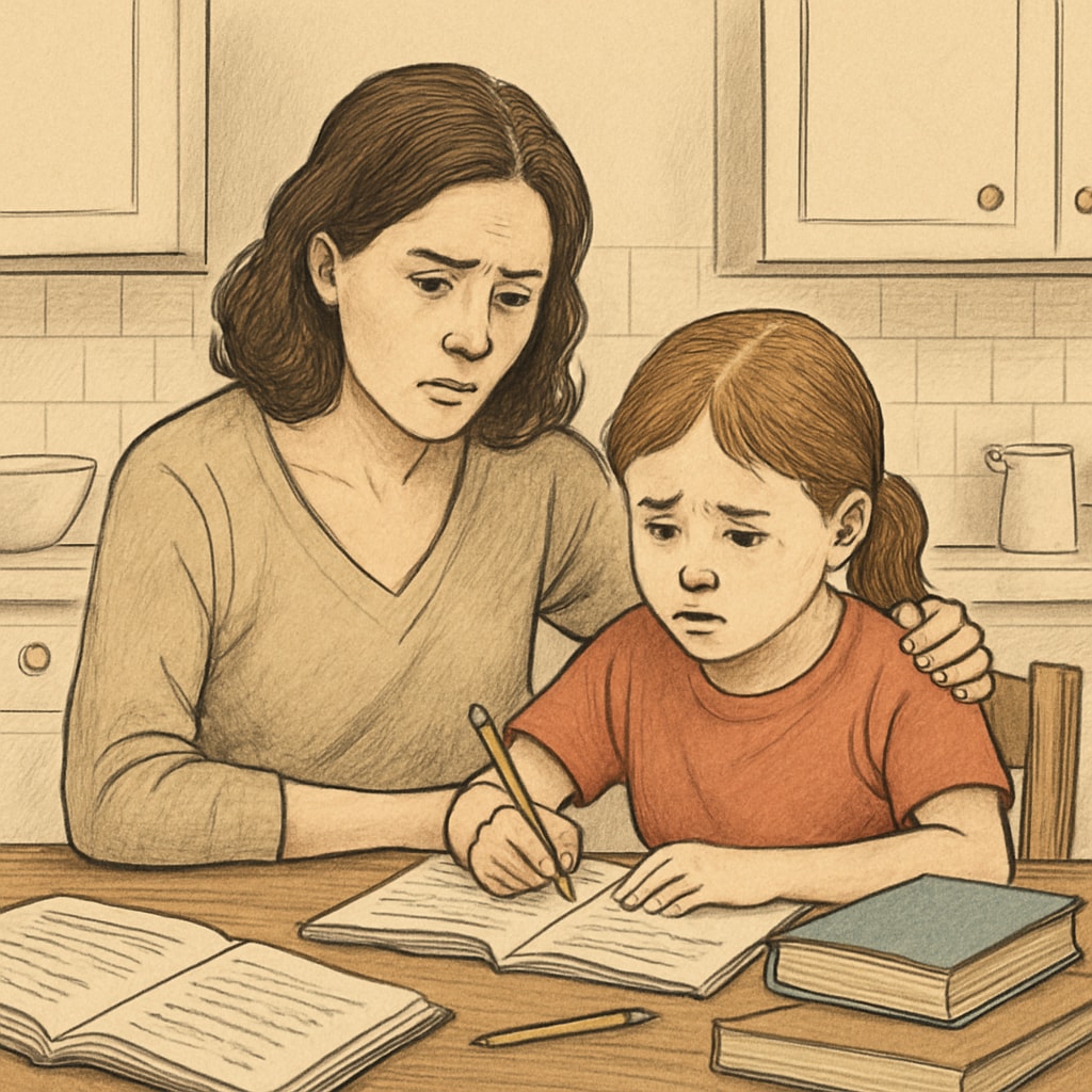 A concerned mother helping her daughter with autism during homework at their kitchen table. The image reflects the emotional and practical challenges faced by families of SEN students. A mother supporting her autistic daughter during school work at home, symbolizing SEN challenges.