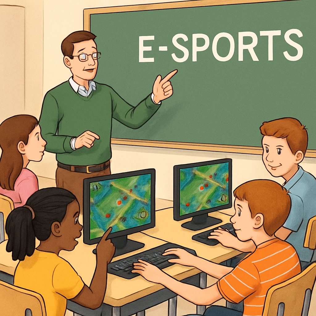 A classroom where students are engaged in a lesson involving esports, with a teacher guiding them through a game-based learning activity. Students learning through esports in a classroom setting, showcasing the integration of gaming and education.
