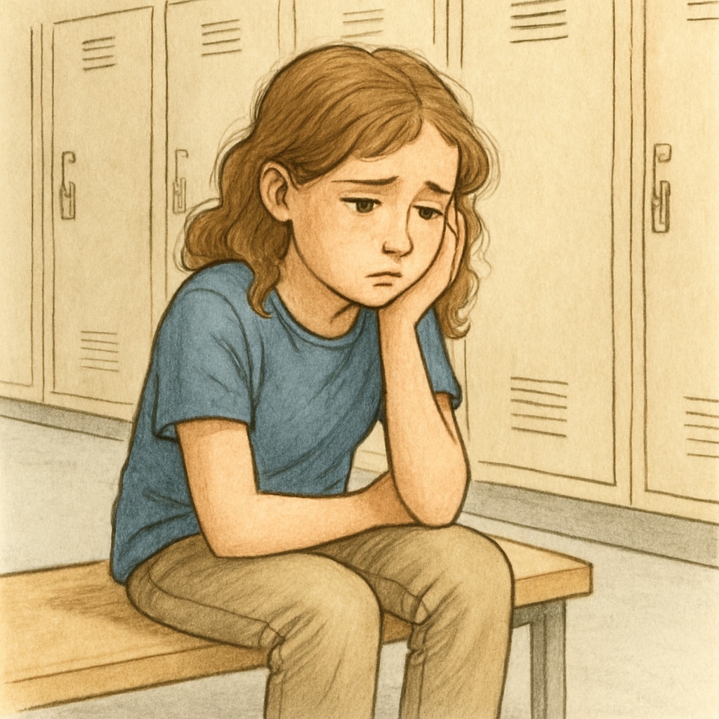 A young girl with autism sitting alone in a school corridor, looking anxious and withdrawn. This image highlights the mental health struggles faced by SEN students during school transfer delays. An autistic girl sitting alone in a school corridor, emphasizing mental health impacts of administrative delays.