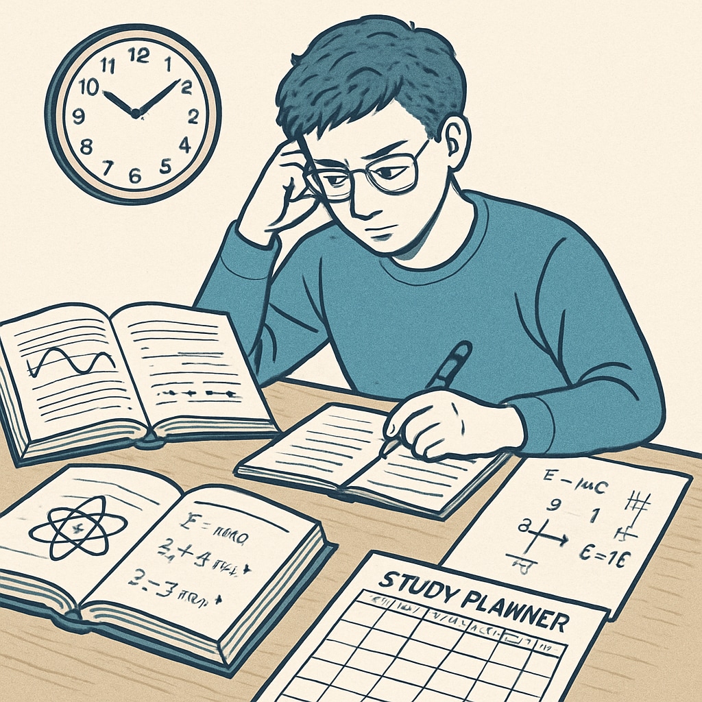 A student reviewing physics textbooks and notes, surrounded by a study planner and clock to symbolize time management. Physics backlogs and time management tools like a study planner and clock.