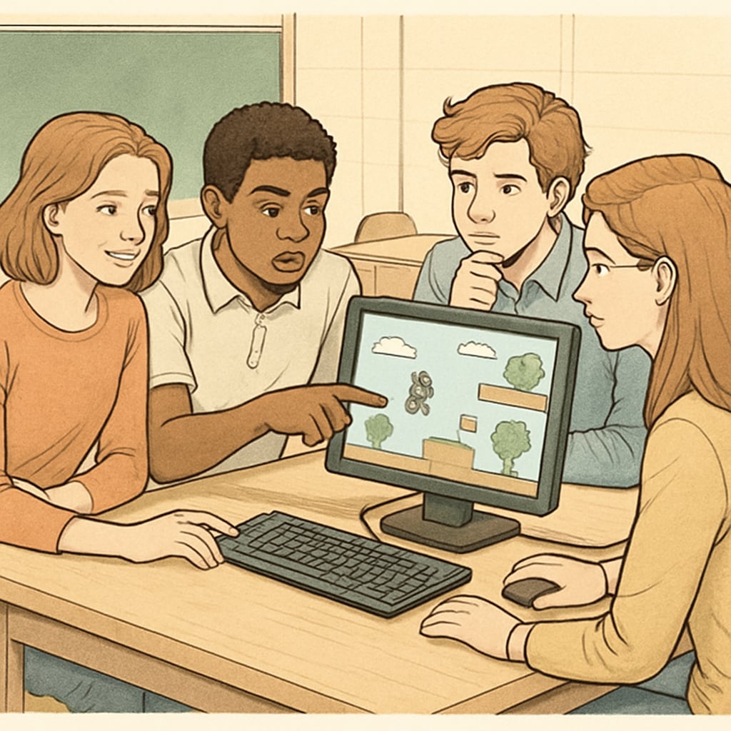 Students working collaboratively on a computer game design project in a classroom setting, showcasing teamwork and problem-solving. Teamwork and learning through a game design project in an esports-integrated classroom.