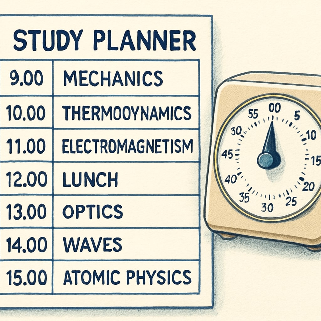 A detailed study planner showing time slots dedicated to specific physics topics, with a timer on the side. Study planner for managing physics backlogs and exam preparation time.