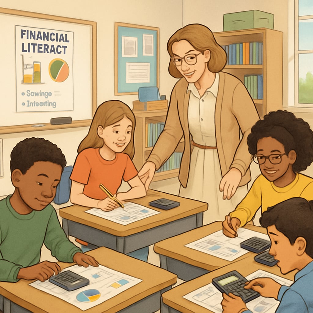 A classroom of students working on a financial literacy project with their teacher guiding them. Students learning financial literacy concepts in a classroom setting.