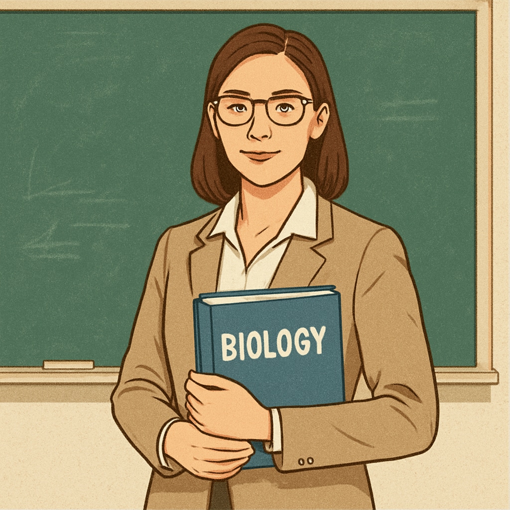A biology graduate holding a textbook and standing in front of a classroom, symbolizing the transition from science labs to education. Biology graduate transitioning into education master's program.