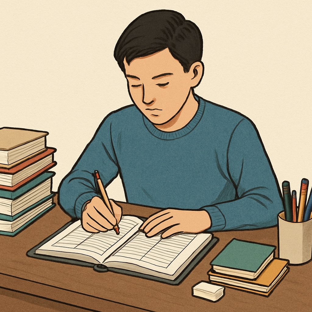 A student studying diligently at a desk with a planner open, highlighting effective time management. A student practicing time management to balance work and academics.