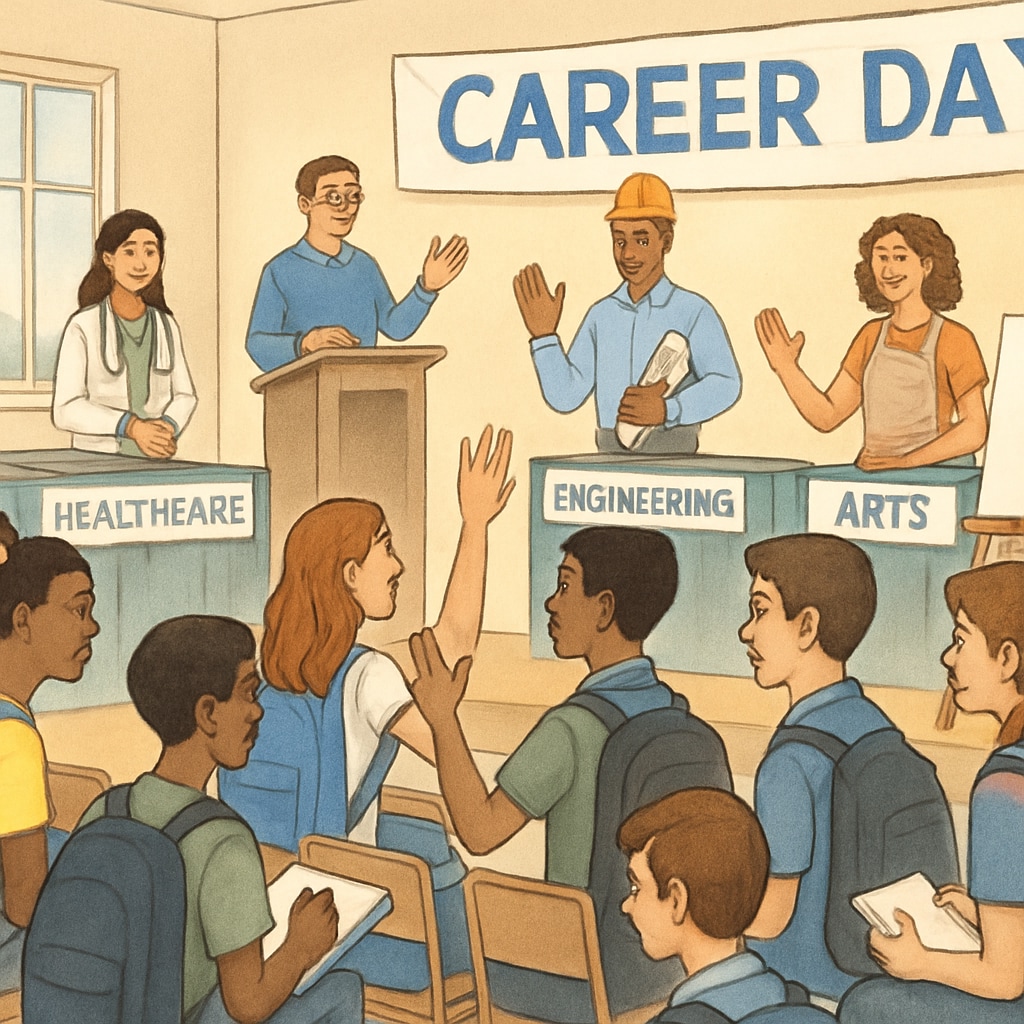 A group of high school students attending a career day event, with professionals from various industries presenting. High school students engaging with professionals during a career day event.
