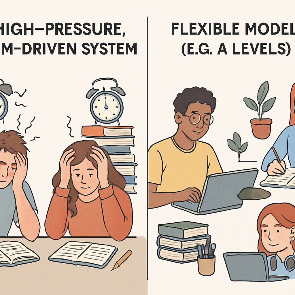A visual representation of student stress levels in exam-driven systems compared to flexible models like A Levels. Graph illustrating stress levels in exam-driven education systems vs. flexible models like A Levels.