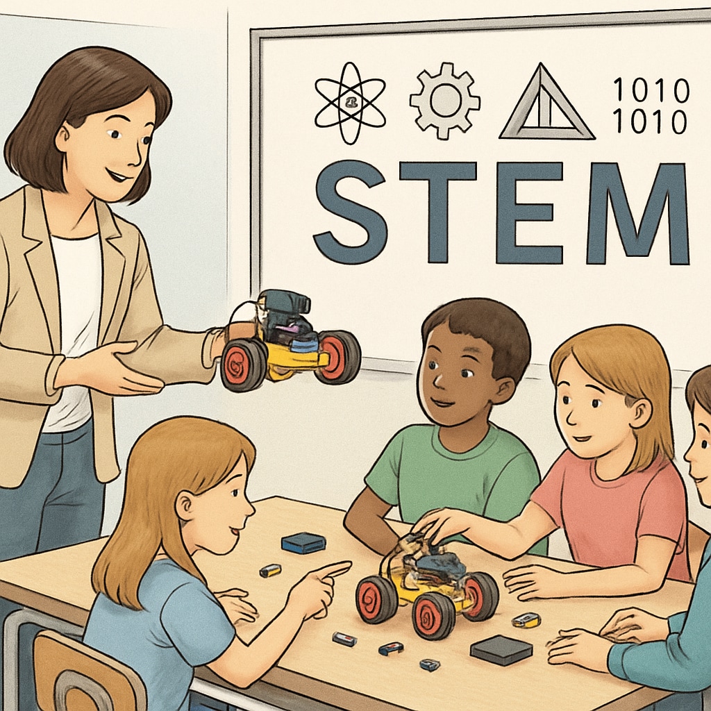 A classroom setting where a teacher uses a STEM-focused learning tool to engage students. Teacher demonstrating a STEM-focused learning tool in a classroom setting.