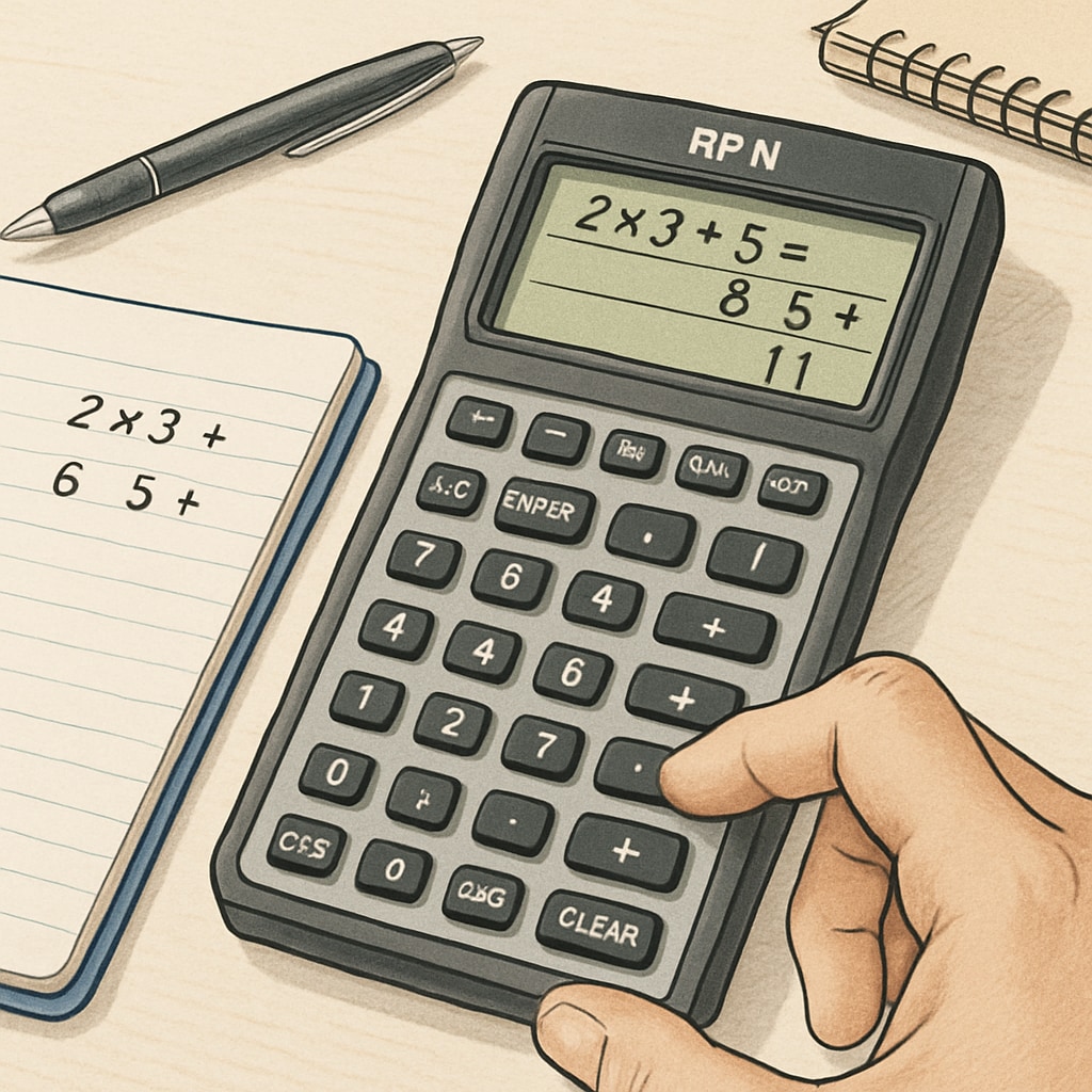 A modern RPN calculator being used by a student to solve mathematical equations. Student using an RPN calculator for mathematical calculations.