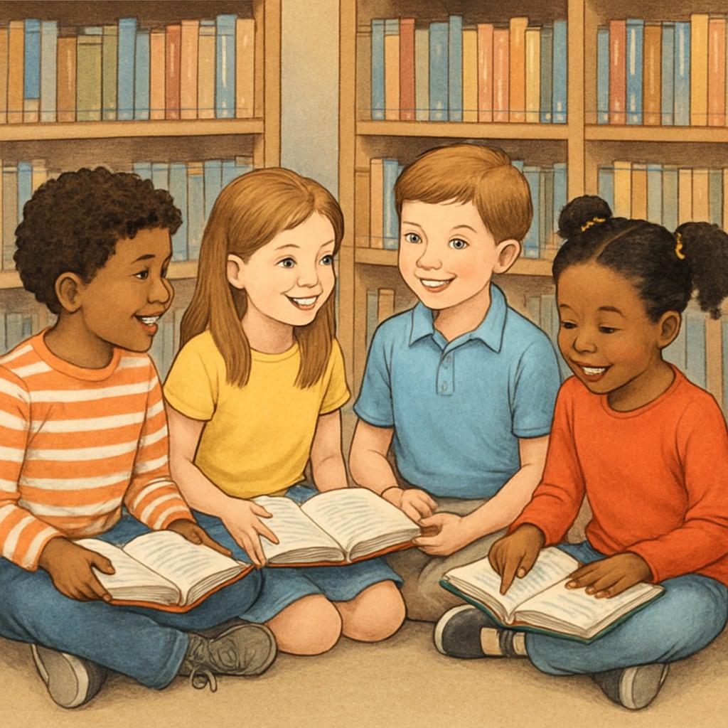 A group of elementary students reading books together in a library setting, appearing engaged and happy. Students participating in a free reading incentive system to enhance comprehension.