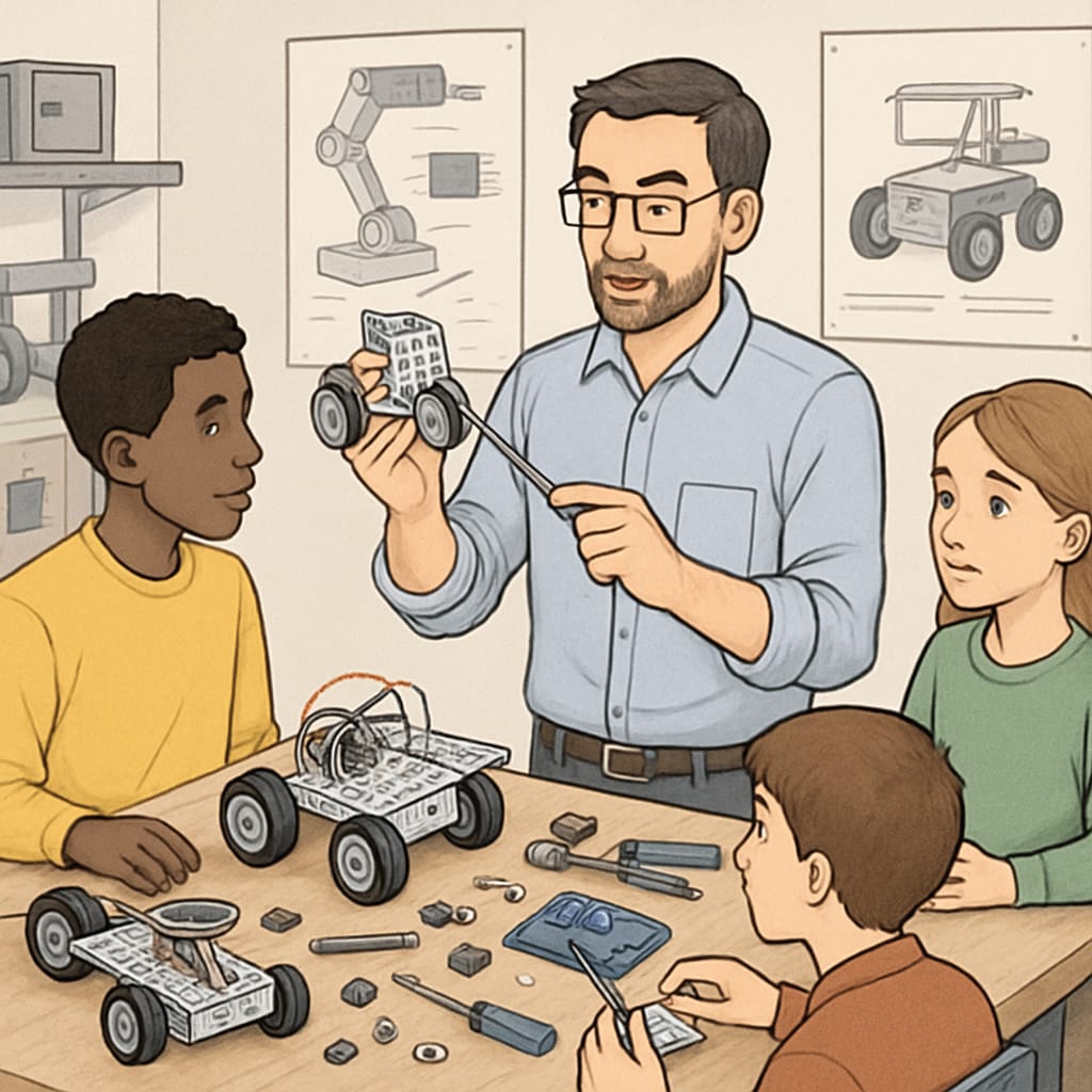 A robotics workshop led by an educator with engineering expertise, illustrating interdisciplinary teaching. Educator leading a robotics workshop, showcasing the integration of education and engineering.