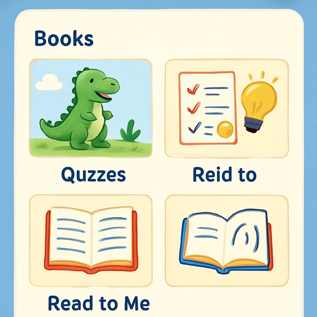 A screenshot of a child-friendly app interface showing books, quizzes, and interactive reading options. Free apps and tools for reading comprehension tailored to young students.
