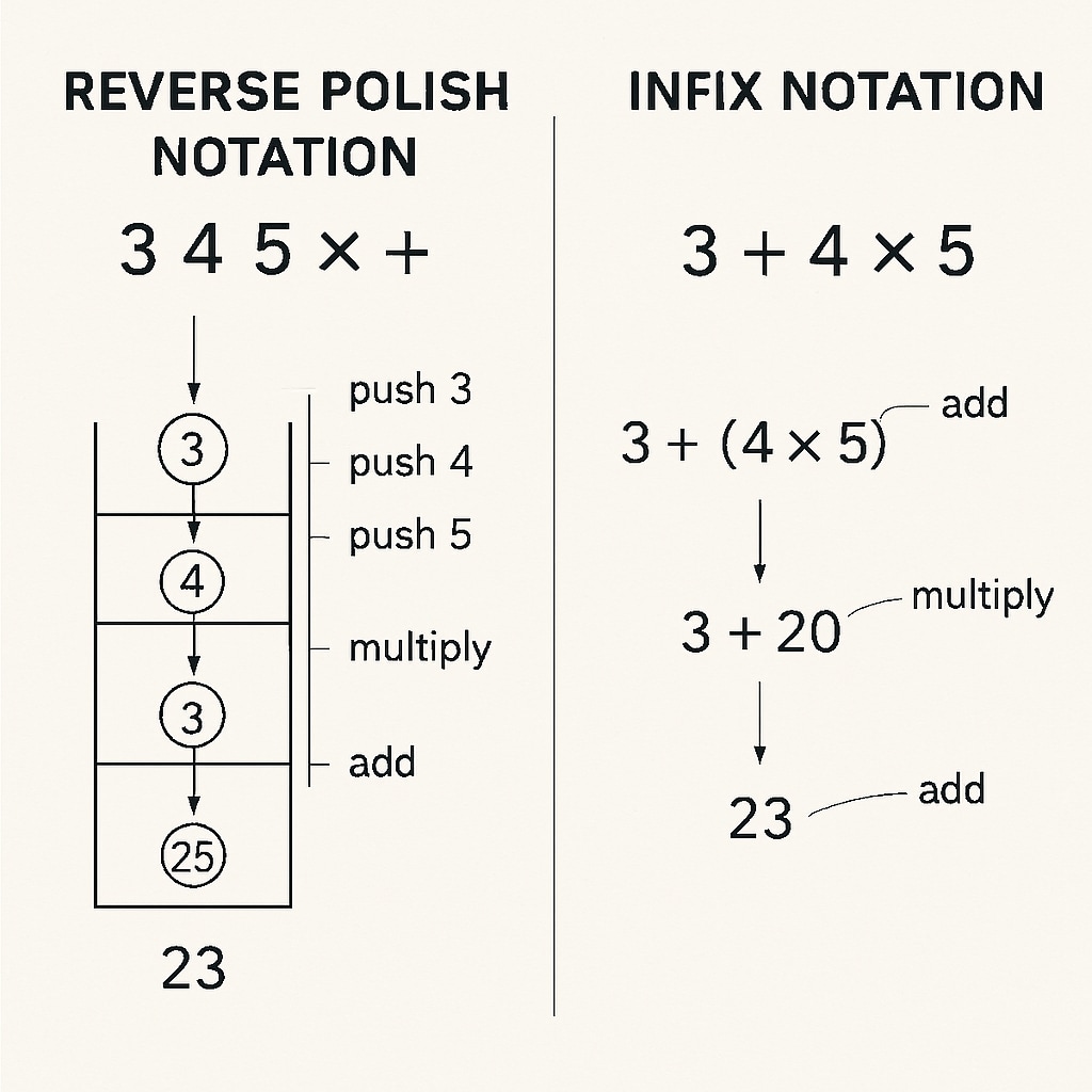 An illustration showing reverse Polish notation versus infix notation for solving equations. Comparison of reverse Polish notation and traditional infix notation in math.