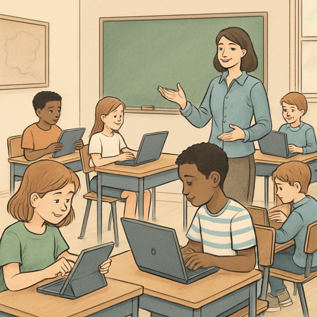 A classroom setting with students using tablets or laptops for learning, emphasizing the integration of technology and education. Students in a classroom using laptops, symbolizing the impact of age verification laws on education.