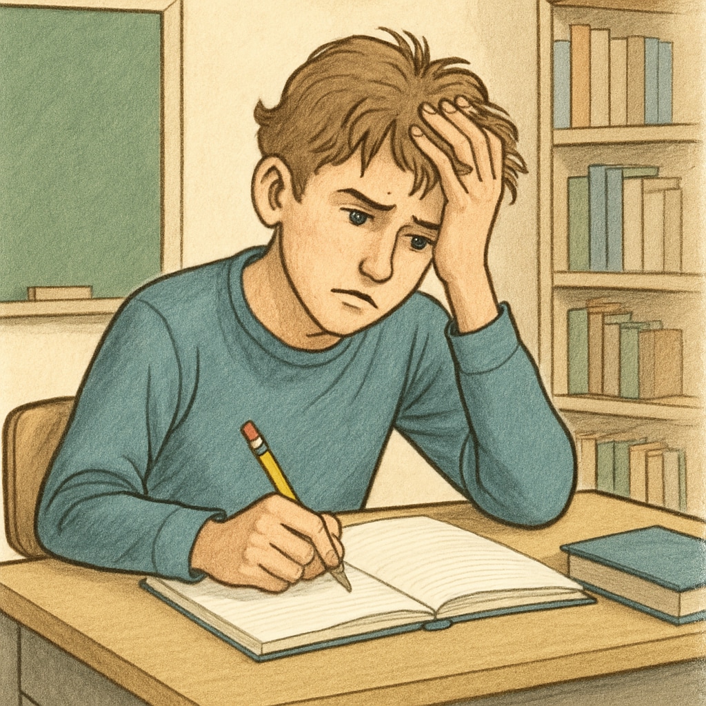 A teenager sitting at a desk with a notebook, looking frustrated and distracted. Teen facing academic challenges, struggling with motivation.