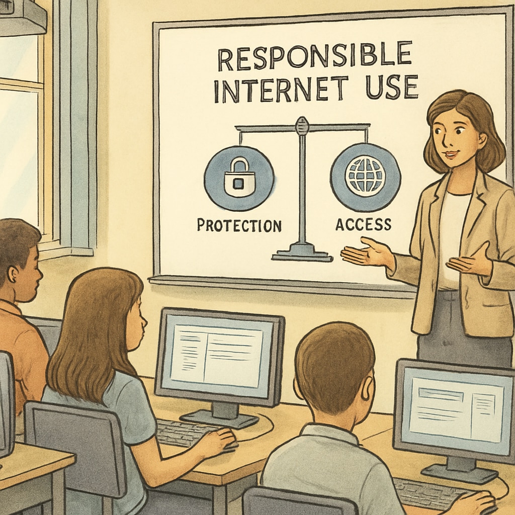 A teacher guiding students on responsible internet use in a multimedia classroom, showcasing efforts to balance protection and accessibility. A teacher assisting students with internet use, highlighting the role of education in navigating online content restrictions.