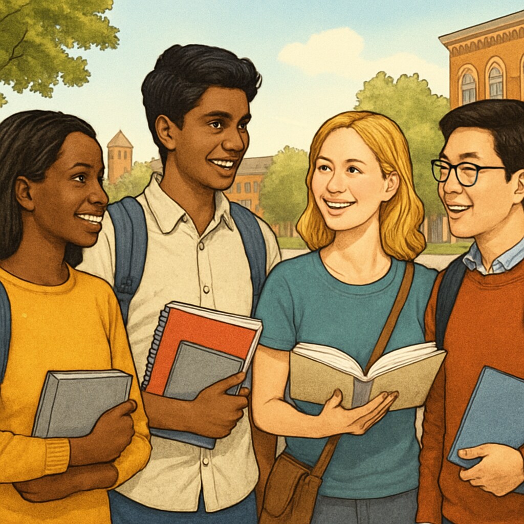 A diverse group of international students smiling on a university campus, symbolizing accessible education opportunities for AS Level students. Group of international students on campus representing affordable AS Level education.