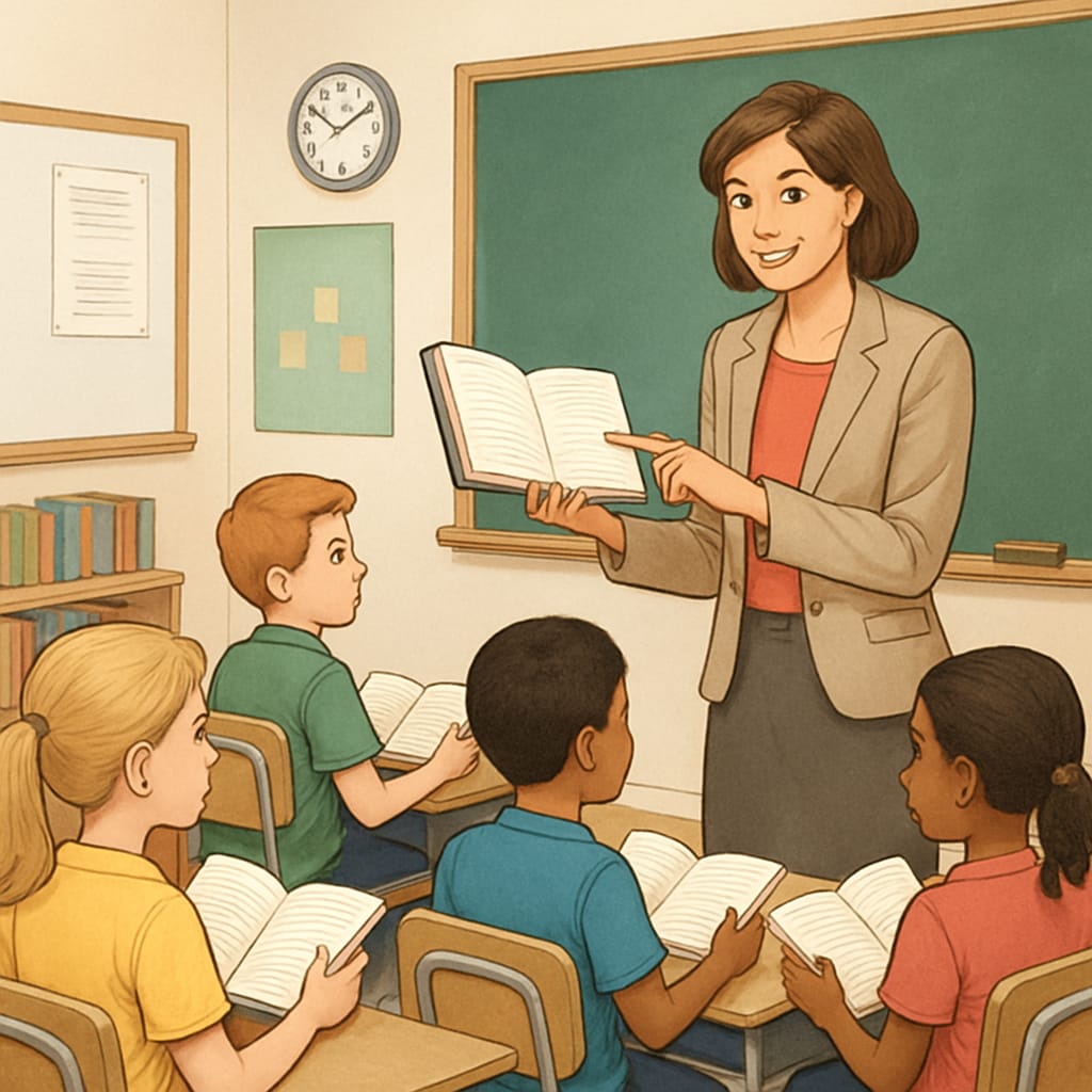 A classroom scene showing a teacher guiding students through a reading activity. The image highlights the teacher’s role in fostering reading comprehension. Teacher guiding students in a classroom reading activity