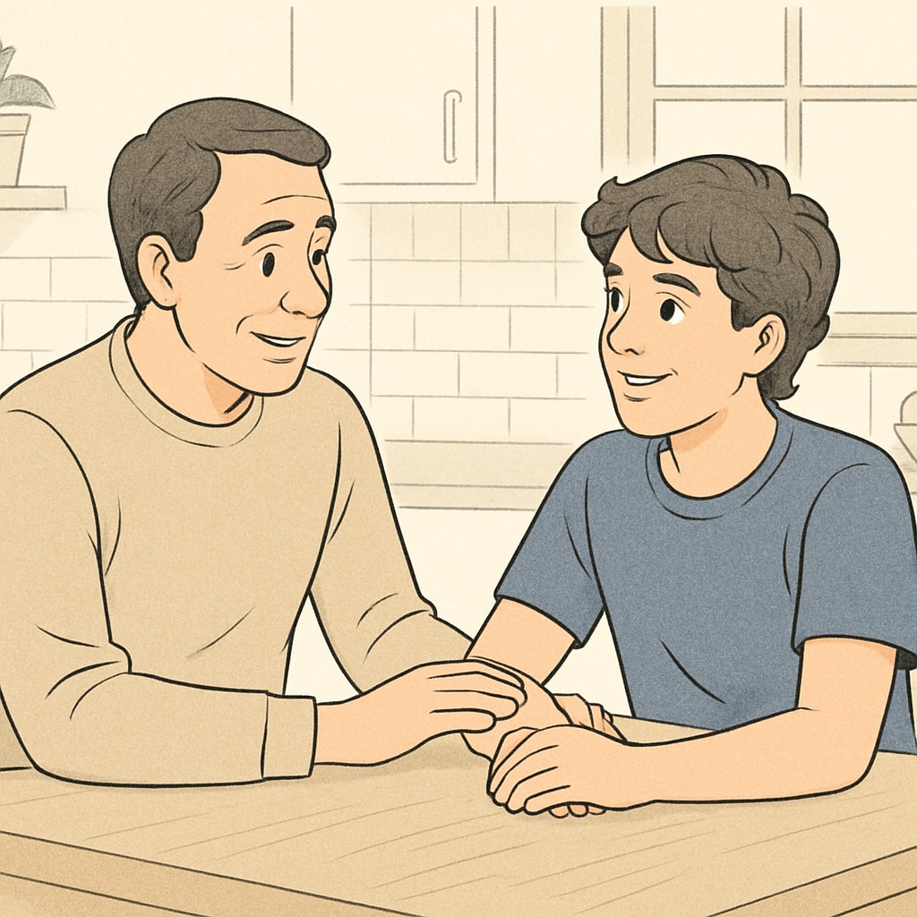 A parent and teenager having a supportive conversation at a kitchen table. Parent and teen discussing family education and personal growth.