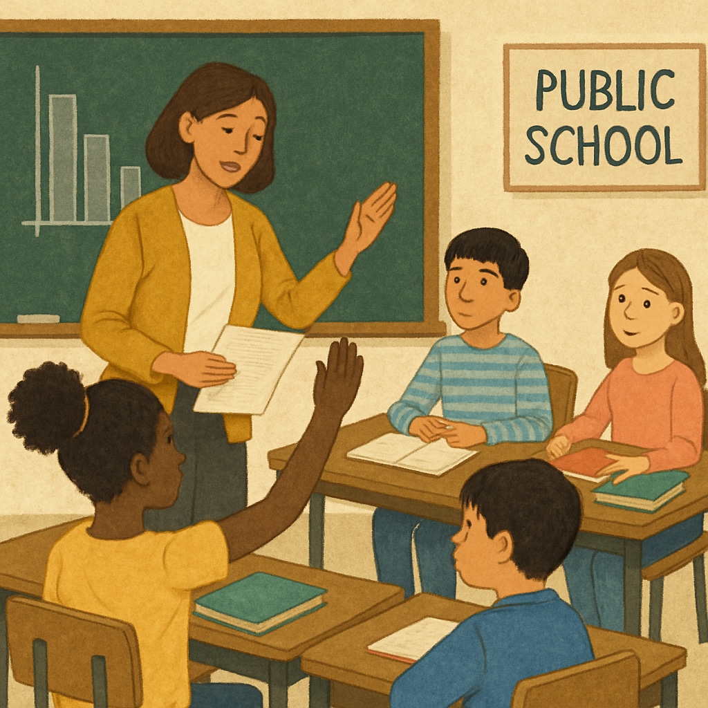 A classroom filled with diverse students and a teacher, representing public schools under funding pressure. Public school classroom with diverse students and a teacher.