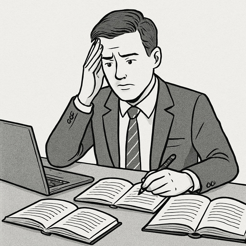 A busy professional sitting at a desk with a laptop and textbooks, illustrating the struggle to balance work and study commitments. Professional balancing work and study with a laptop and textbooks on a desk.