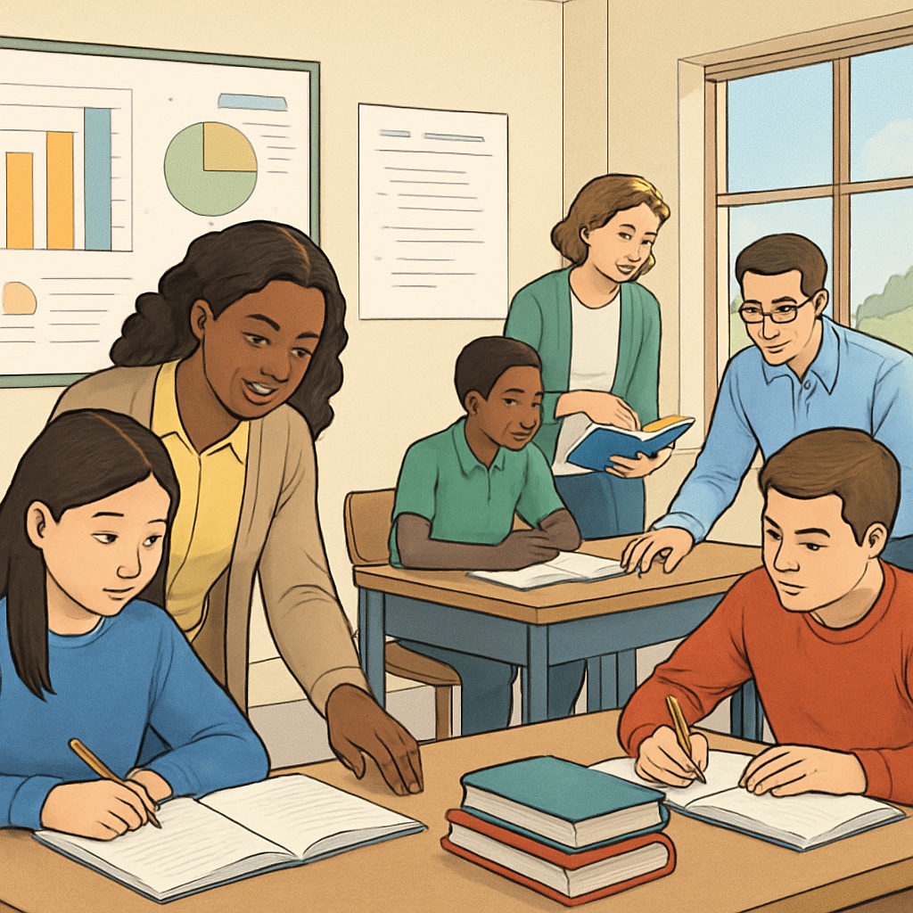 A tutoring center where students and advisors collaborate on academic strategies, highlighting comprehensive support systems. Tutoring center showcasing academic success strategies with advisors and students.