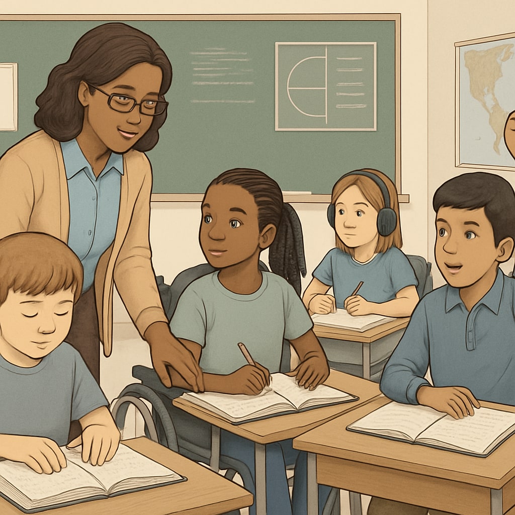 A public school teacher assisting students with diverse learning needs, highlighting inclusivity. Public school teacher assisting students with diverse learning needs.