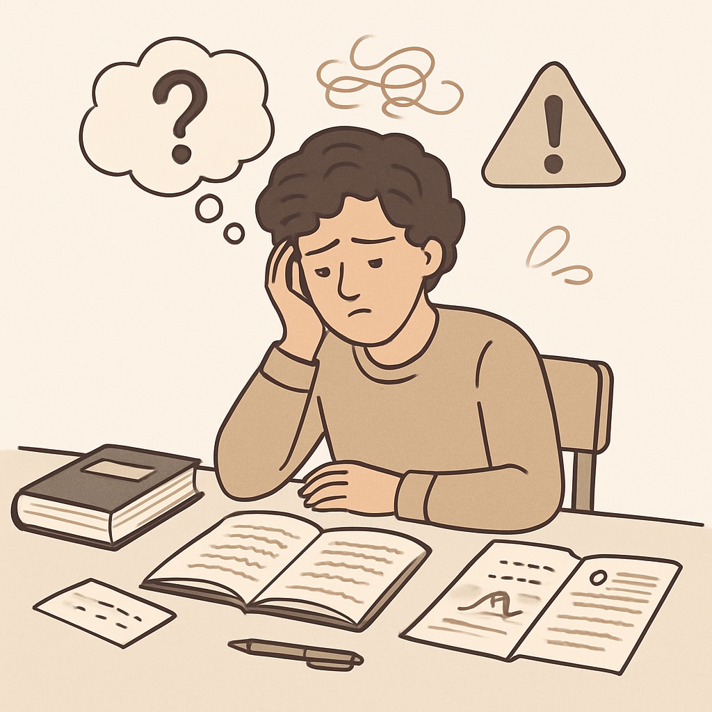 A worried student sitting at a desk, with books and notes scattered around, symbolizing exam anxiety. A student feeling anxious about GCSE results, surrounded by study materials.