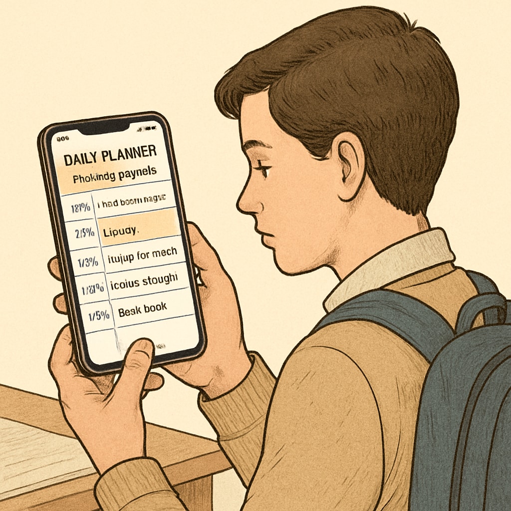 A student using a digital planner app on a smartphone to organize daily work and study schedules. Student using a digital planner for work-study time management.