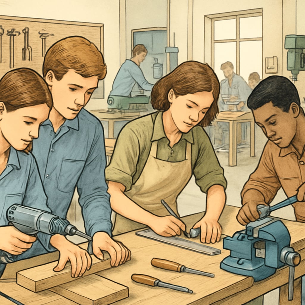 Students collaborating in a vocational training workshop, highlighting practical learning as an alternative educational path. Students engaging in vocational education as an alternative to GCSE-focused learning.
