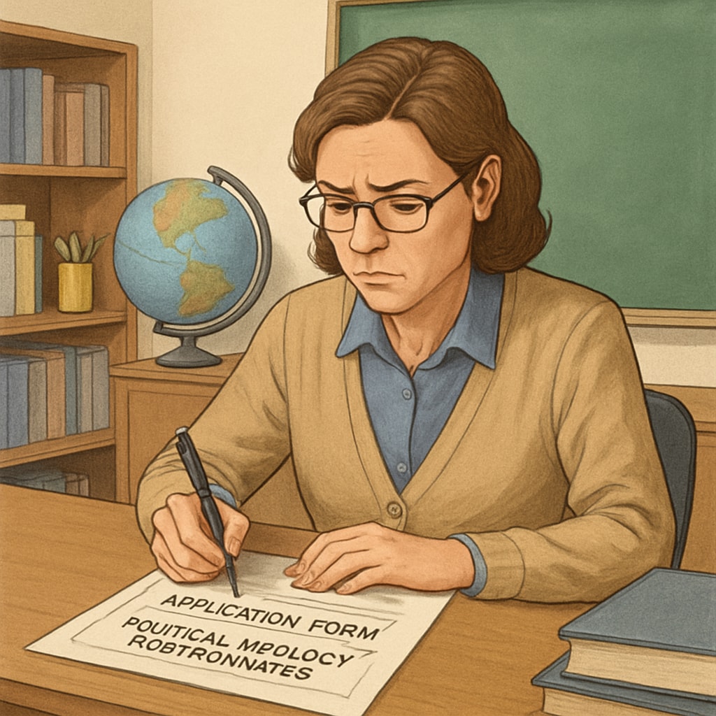 A concerned teacher filling out an application form with a section labeled A teacher completing a political ideology questionnaire as part of a job application.