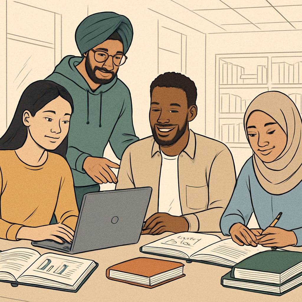 A group of diverse international students studying in a modern university environment with laptops and textbooks. Represents the inclusivity of U.S. universities and the focus on STEM subjects like data science. Diverse international students studying data science in a university setting