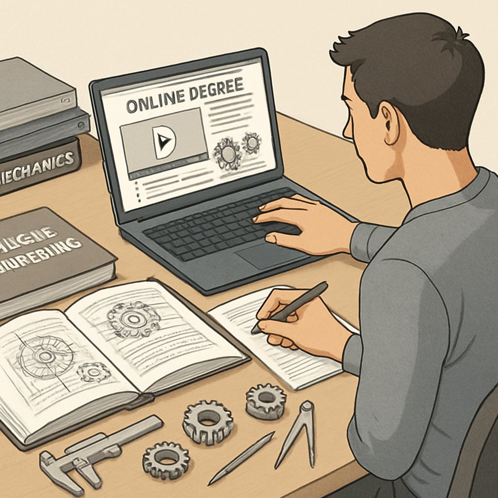 A student studying mechanical engineering concepts alongside an online degree program. The image features a desk setup with textbooks, a laptop, and mechanical tools, symbolizing multitasking in education. Mechanical engineering student multitasking with an online degree program.