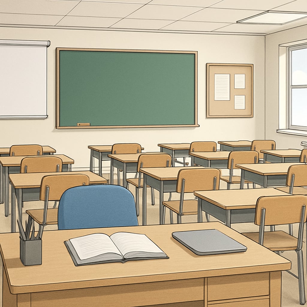 A classroom with empty teacher desks, symbolizing the potential teacher shortage. Empty teacher desks in a classroom, representing challenges in teacher recruitment.