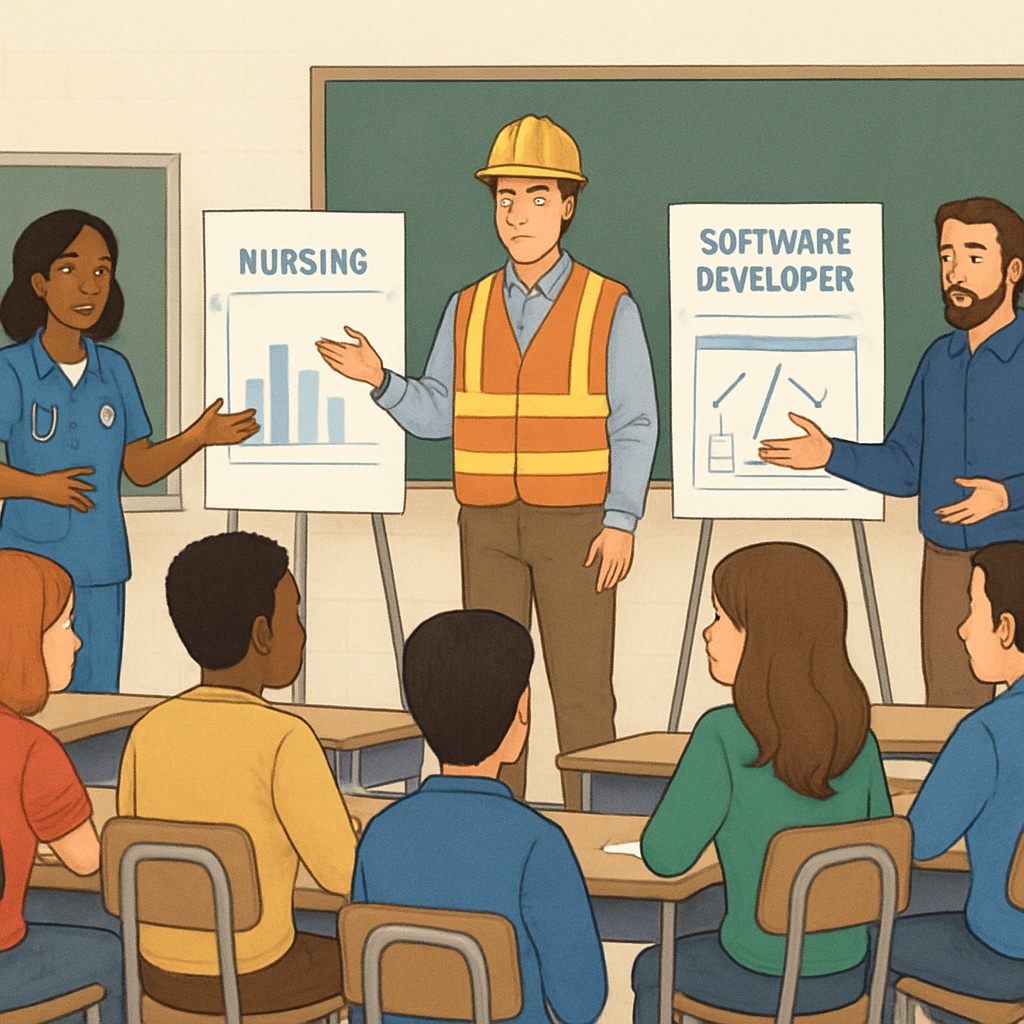 A classroom setting with high school students learning about career options through presentations by industry professionals. Career choices, IT majors, and college life discussions in a high school classroom.