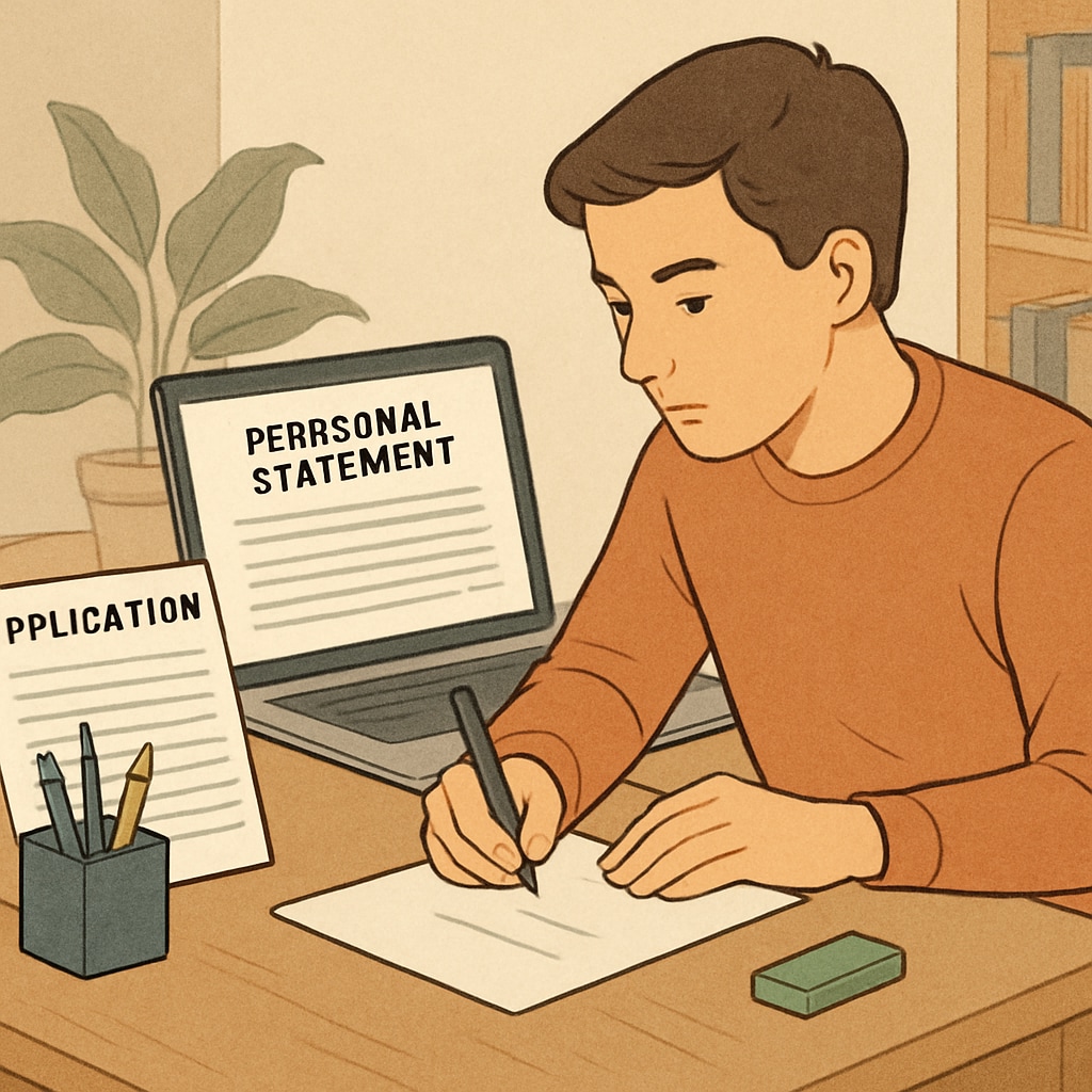 A student writing a personal statement on their laptop with a stack of application forms nearby. Highlights the application process for U.S. universities. International student working on their personal statement for a U.S. data science program